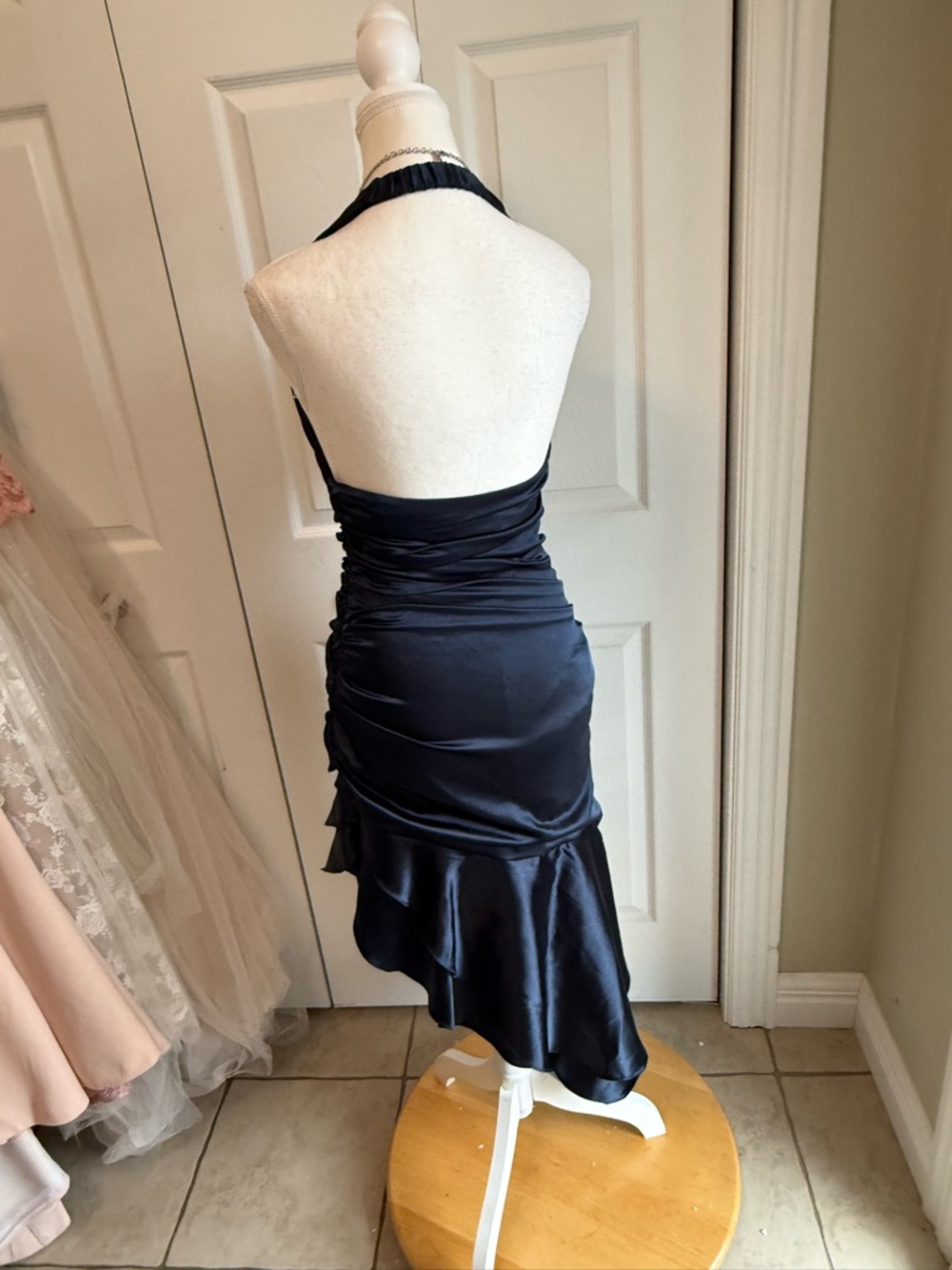 Morgan & Co. Navy Satin Halter Asymmetrical Ruffle Dress - Picture 7 of 14